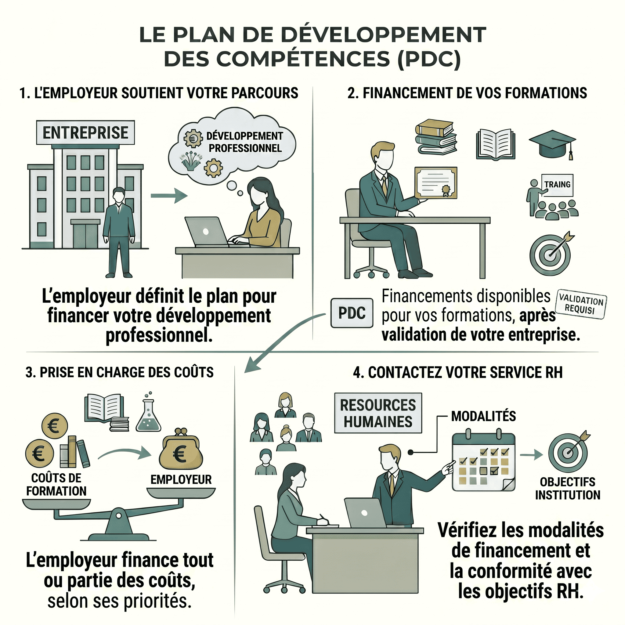 Infographie expliquant le plan de développement des compétences (PDC) avec quatre étapes : l'employeur soutient votre parcours professionnel, finance vos formations après validation, prend en charge les coûts de formation selon ses priorités, et vous invite à contacter le service RH pour vérifier les modalités de financement et la conformité aux objectifs RH.
