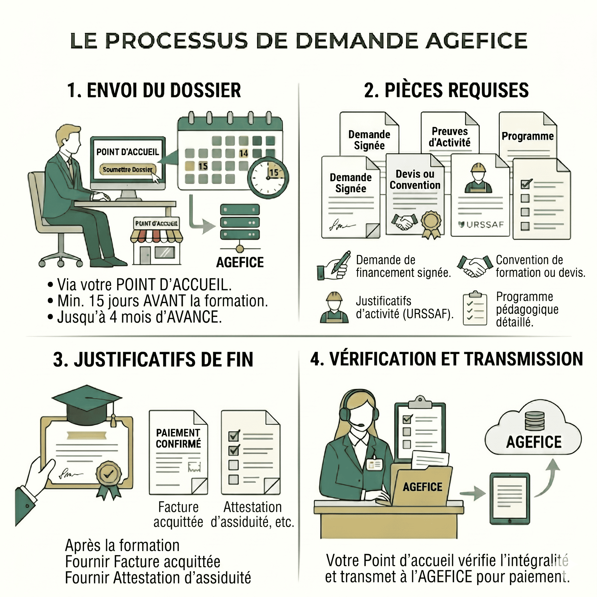 Processus de demande AGEFICE en quatre étapes : 1. Envoi du dossier via Point d'accueil au moins 15 jours avant la formation, jusqu'à 4 mois à l'avance. 2. Pièces requises : demande signée, justificatifs d'activité URSSAF, convention ou devis, programme détaillé. 3. Justificatifs de fin : facture acquittée et attestation d'assiduité après la formation. 4. Vérification et transmission par le Point d'accueil à AGEFICE pour paiement.