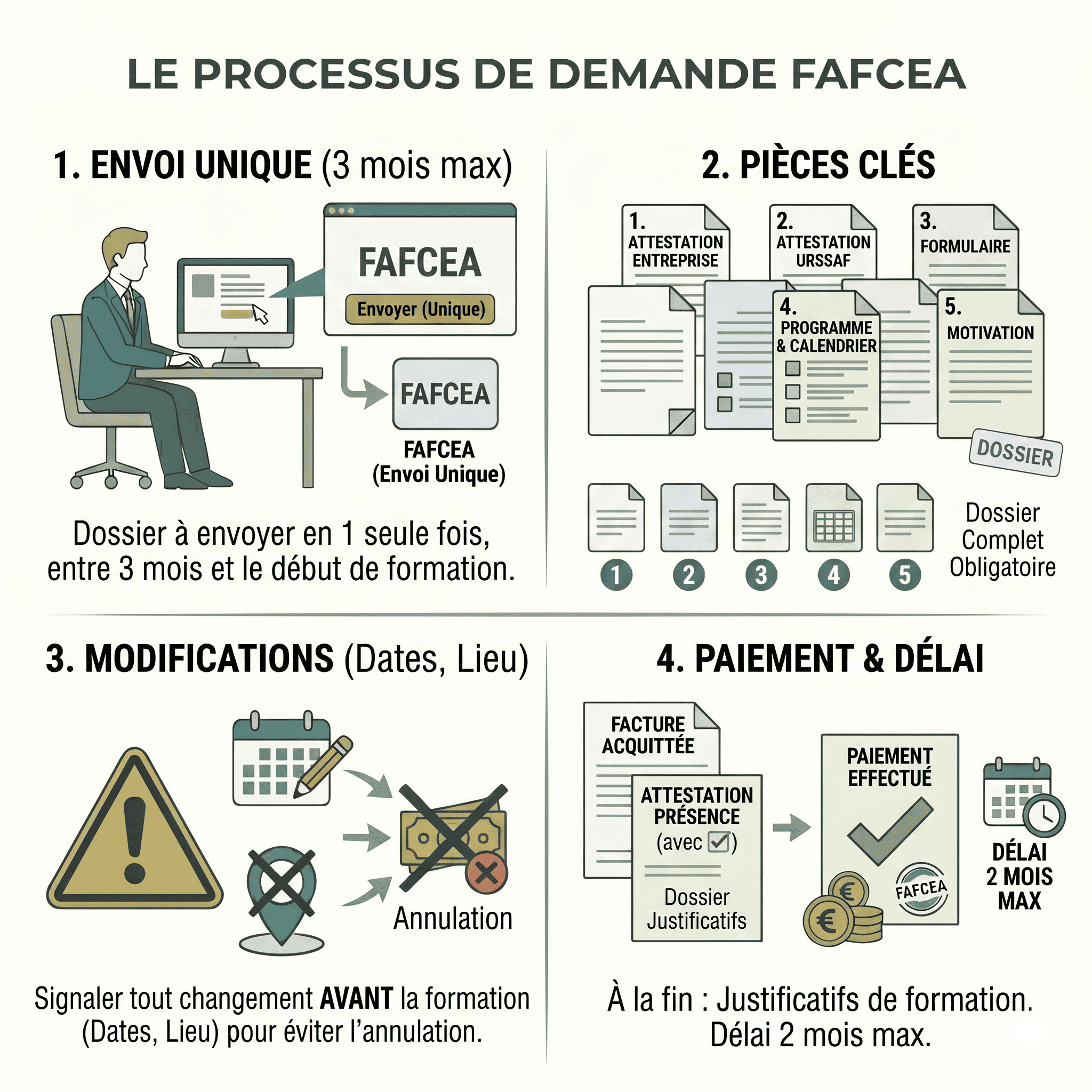 Schéma expliquant le processus de demande FAFCEA en quatre étapes : 1. Envoi unique du dossier jusqu'à 3 mois avant la formation, 2. Pièces clés obligatoires à fournir, 3. Signalement des modifications de dates ou lieu avant formation pour éviter annulation, 4. Paiement et justificatifs à fournir dans un délai maximum de 2 mois.