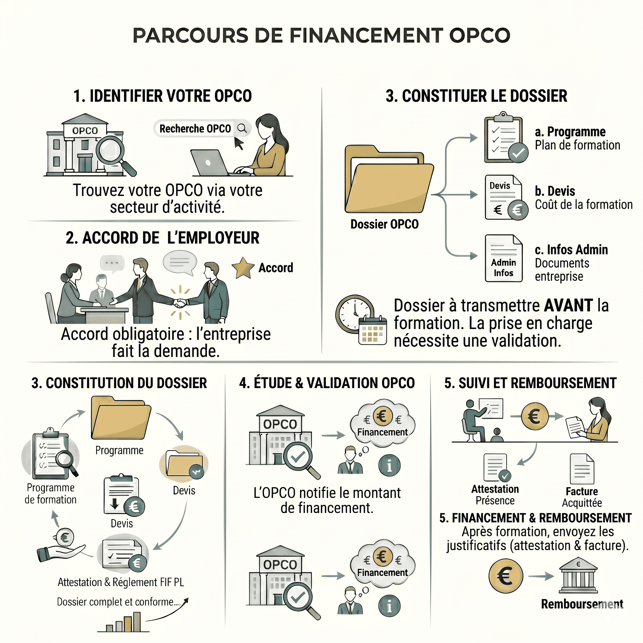 Schéma illustrant le parcours de financement OPCO en cinq étapes : 1. Identifier votre OPCO via secteur d'activité, 2. Accord obligatoire de l'employeur, 3. Constituer le dossier avec programme, devis, et infos admin à transmettre avant formation, 4. Étude et validation OPCO avec notification du montant de financement, 5. Suivi et remboursement après formation avec envoi des justificatifs pour remboursement.
