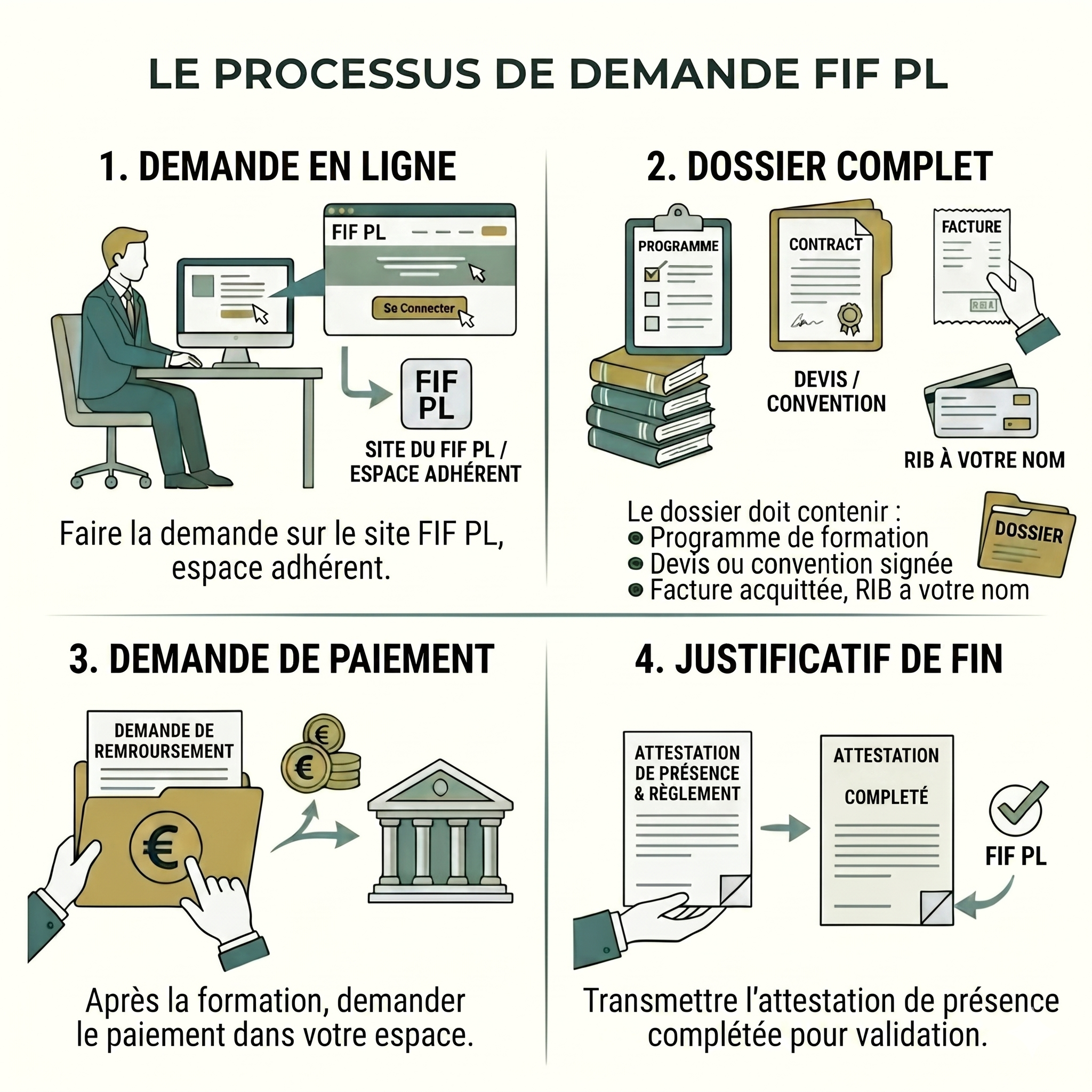 Processus de demande FIF PL en quatre étapes : 1. Faire la demande en ligne sur le site FIF PL espace adhérent. 2. Préparer un dossier complet avec programme, devis signé, facture acquittée, et RIB à votre nom. 3. Après la formation, demander le paiement via votre espace en soumettant la demande de remboursement. 4. Transmettre l'attestation de présence complétée pour validation FIF PL.