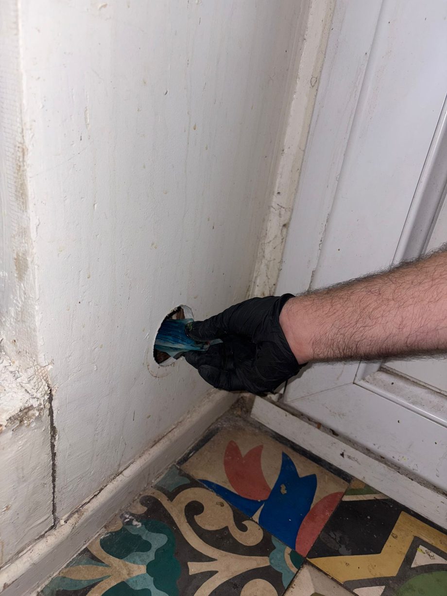 Dépôt d'un appât rodenticide à l'intérieur du coffrage de câbles, sur le passage des souris