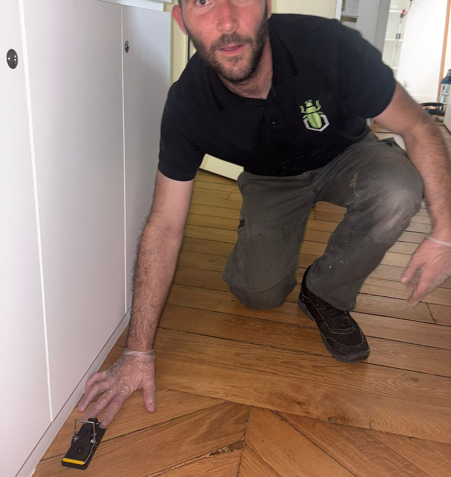 Technicien SafeHome3D posant un piege mecanique le long d'un meuble dans un appartement de la rue des Barres, Paris 4e