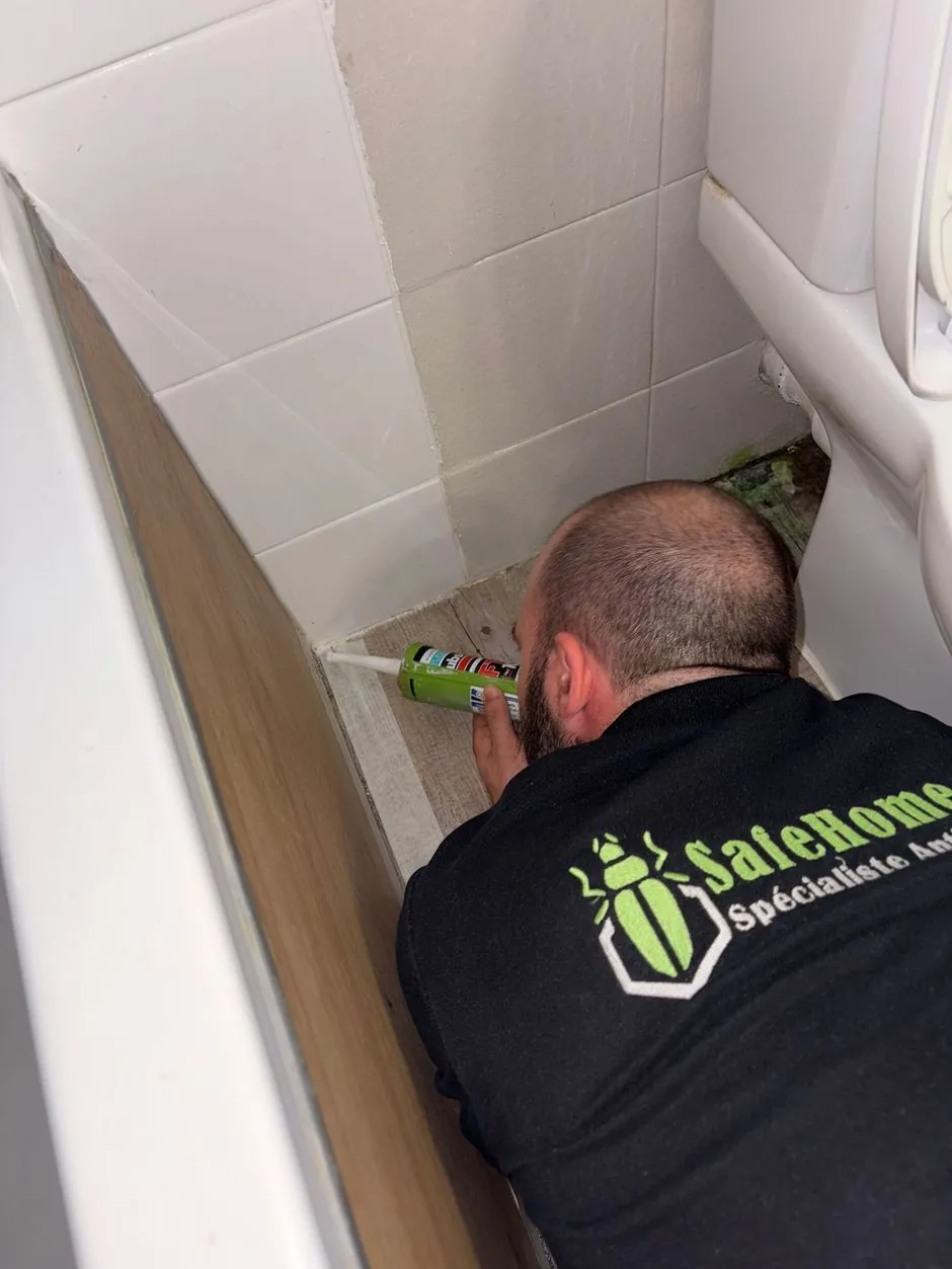 Technicien SafeHome3D appliquant un mastic silicone hydrofuge en finition sur la maille, salle de bain Paris 6e