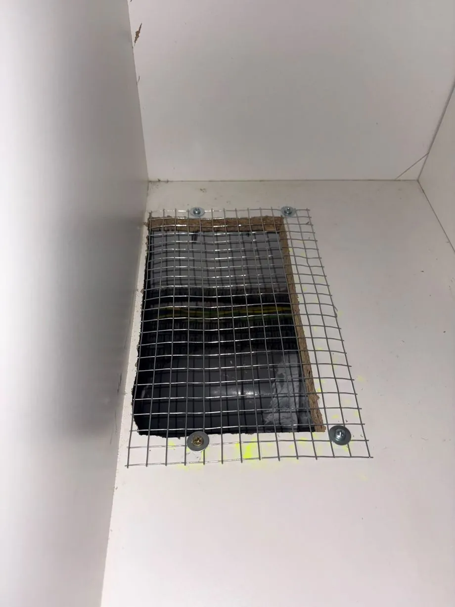 Point d'intrusion neutralisé : grillage acier inoxydable vissé au-dessus des canalisations, loft rue Mouffetard Paris 5e