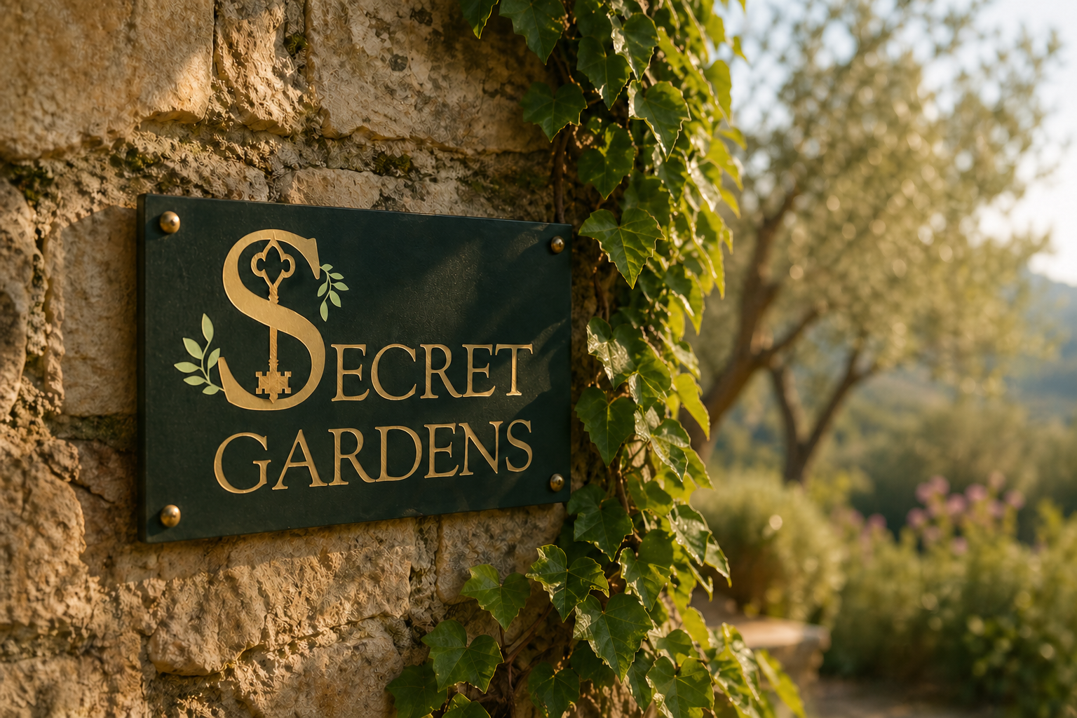 Schild mit Secret Gardens Logo an einer Steinmauer umgeben von Weinblättern, Ligurien Italien