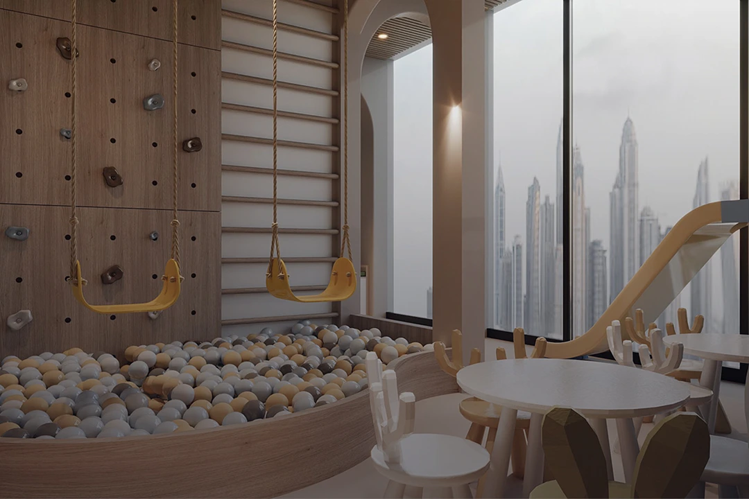 Modern indoor kids playroom with ball pit, two yellow swings, climbing wall, slide, and round tables with chairs, city skyline visible through large windows.