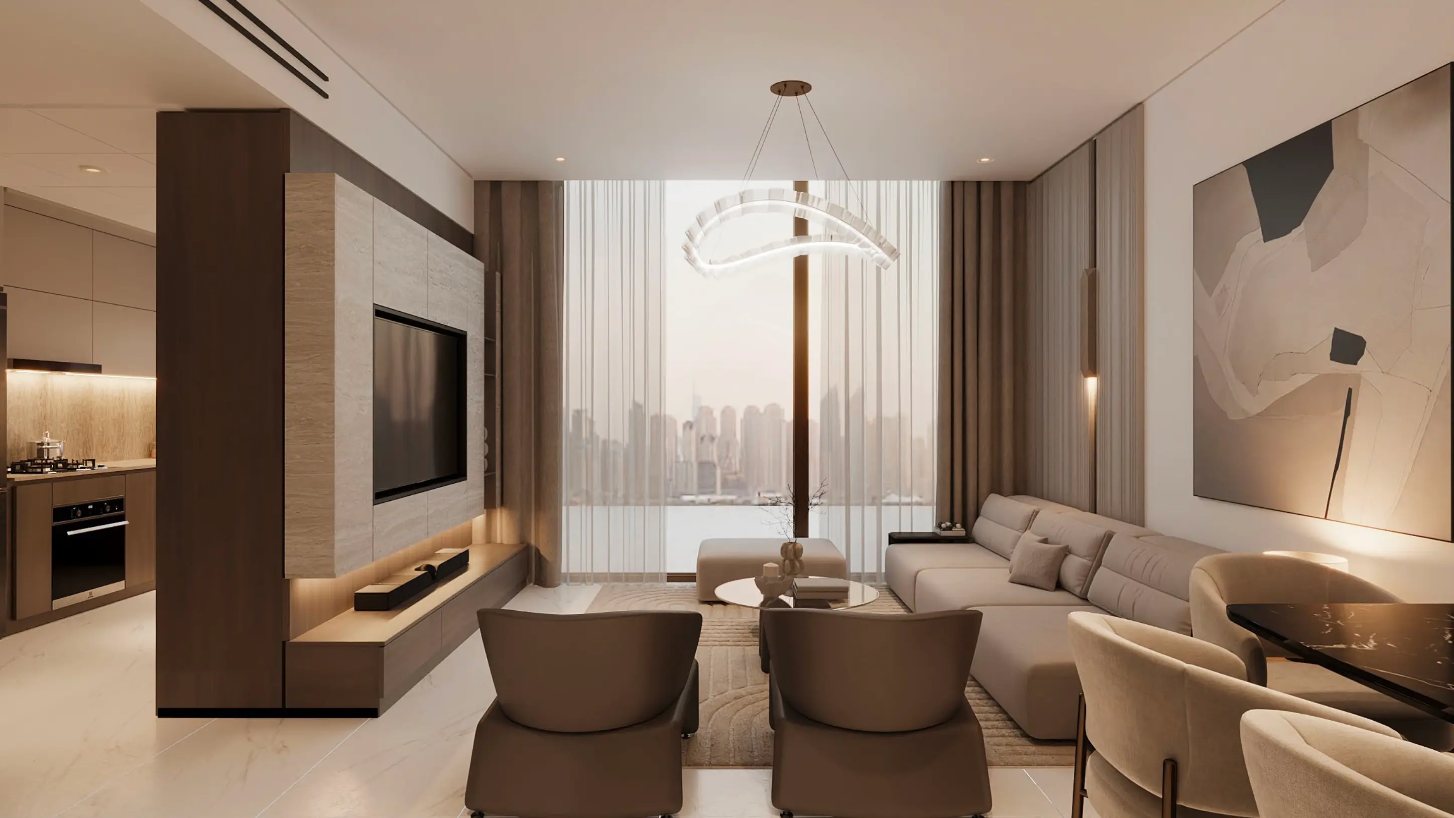Modern bedroom with a large bed featuring multiple pillows, gray quilted bedding, two small round bedside tables, and dark vertical panel wall behind the bed.