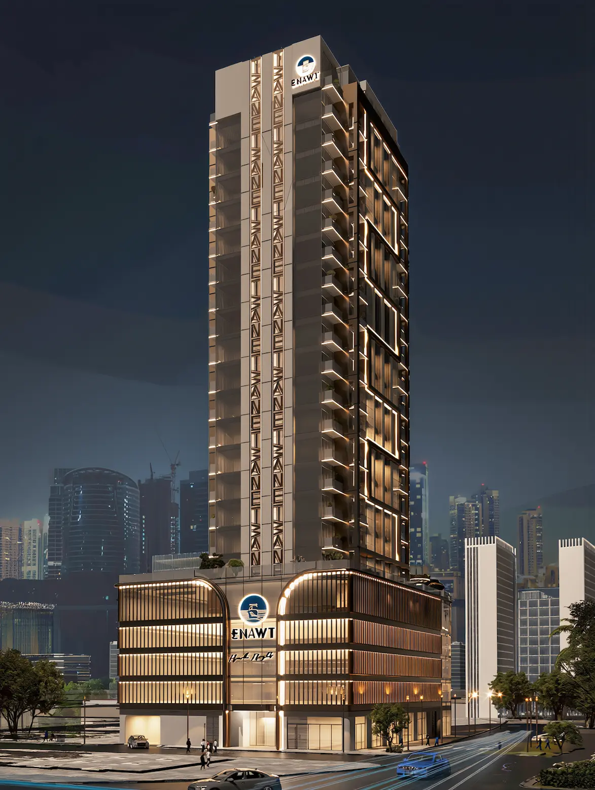 Modern multi-story office building with glass balconies and a brown grid-patterned lower facade under a clear blue sky.