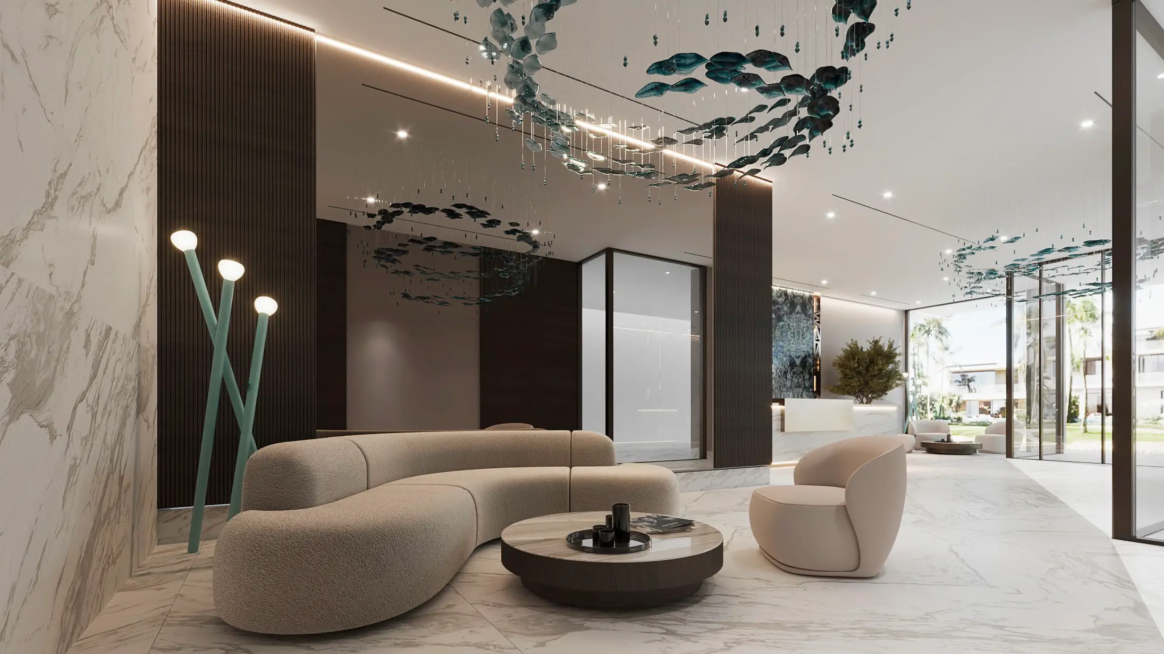 Modern hotel lobby with marble floors, white reception desk, artistic ceiling installation, and indoor plants.