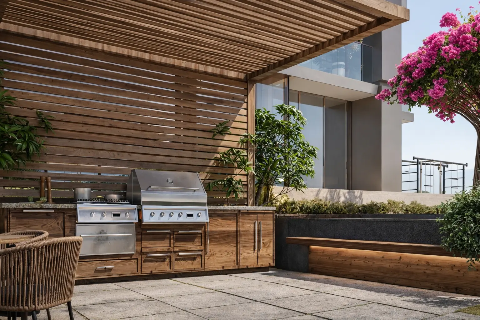 Modern rooftop terrace with wooden curved benches, circular green grass design on gray floor, plants, and glass railing overlooking city buildings.