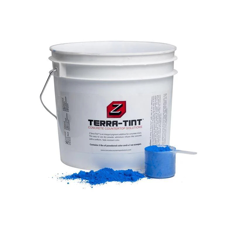 Z Terra-Tint integral concrete pigment bucket with blue powder sample