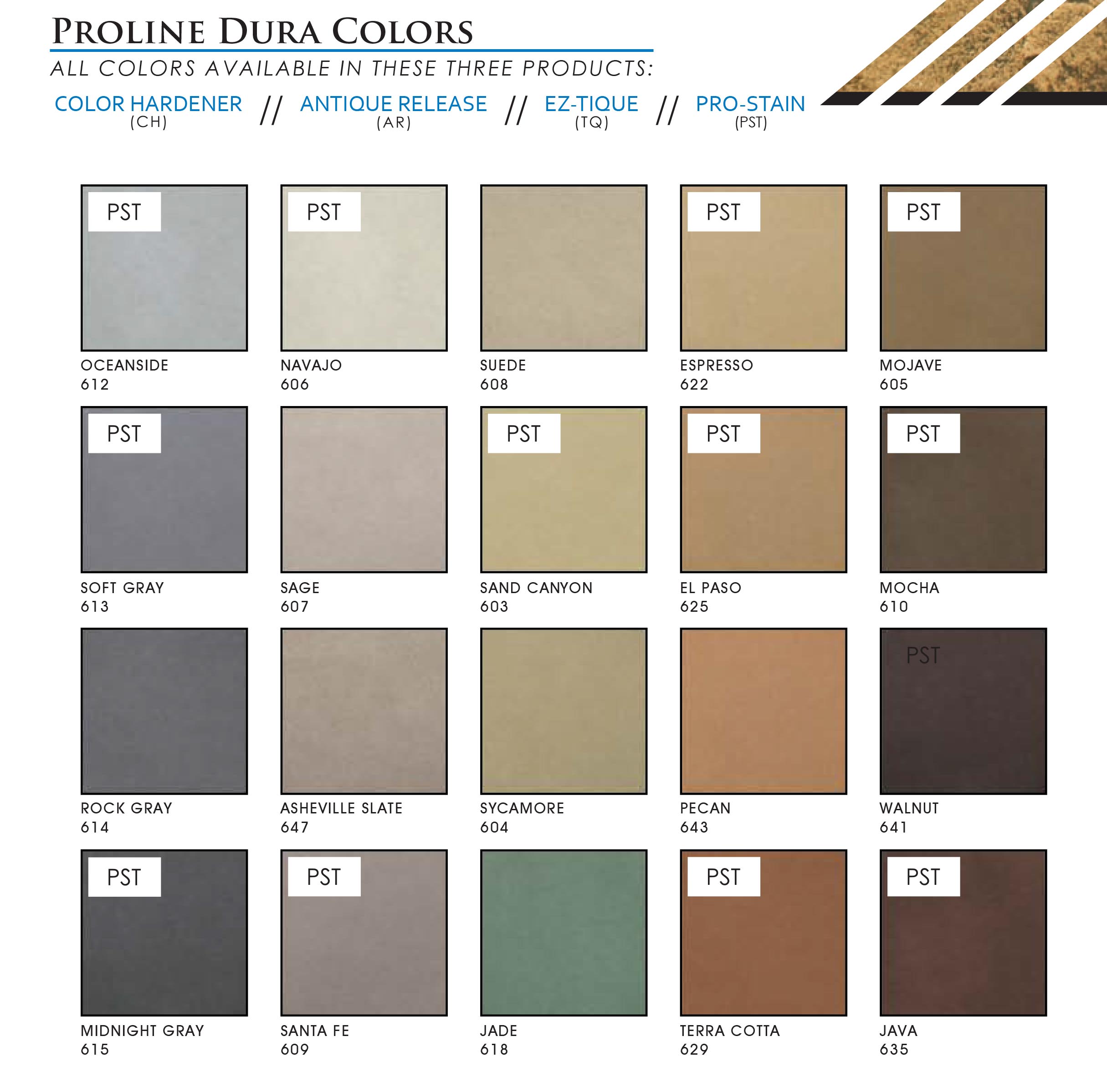 Proline Dura Colors chart showing available color hardener and release colors
