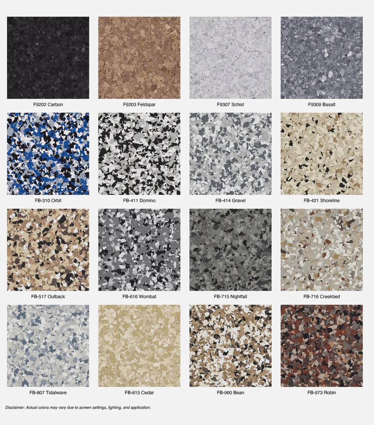 Torginol polymer flake color chart showing available blends