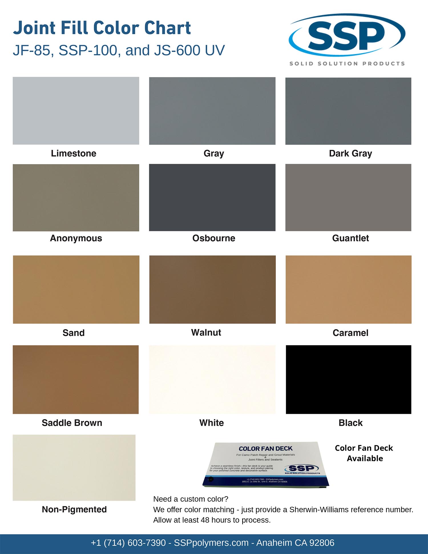SSP-100 joint filler color chart showing available colors