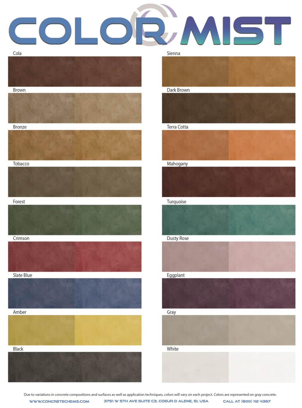 Color Mist Concrete Stain color chart showing available colors