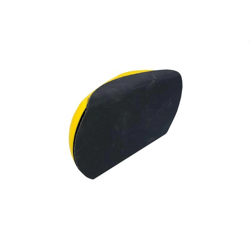 Hand sanding mouse foam block showing hook-and-loop underside