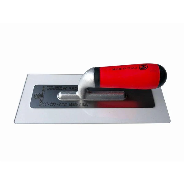 CO-ME PC Proflex steel finishing trowel with red handle, in packaging