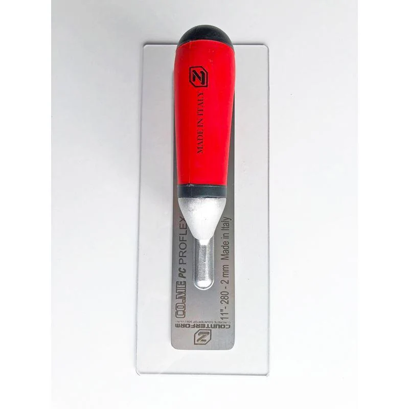 CO-ME finishing trowel close-up showing steel blade and red handle