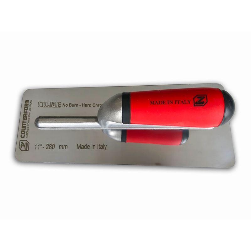 Chrome finishing trowel with red handle, in packaging