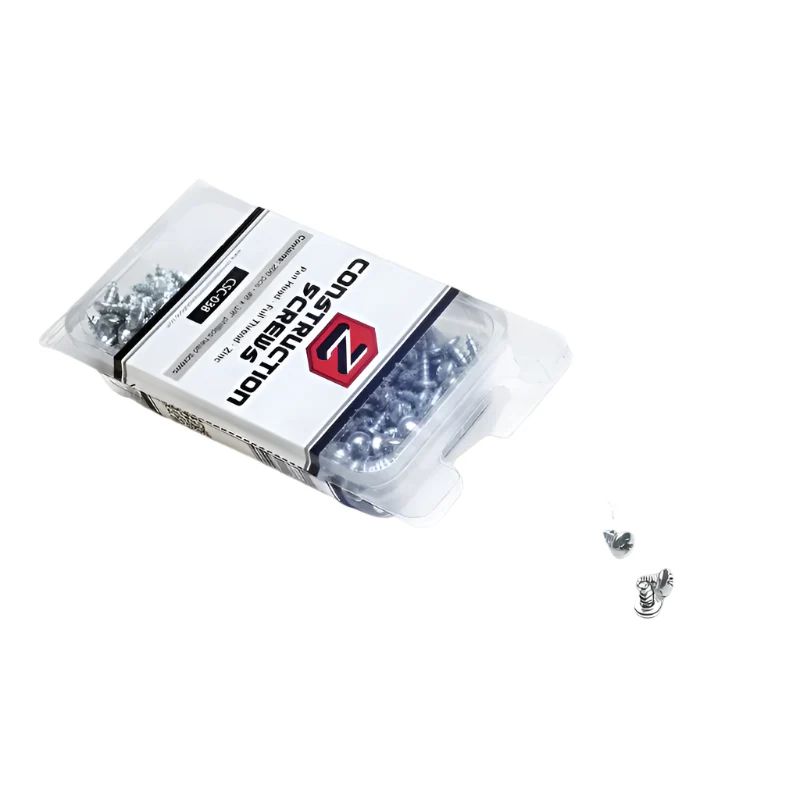 Construction screws pack with a few loose screws shown beside it