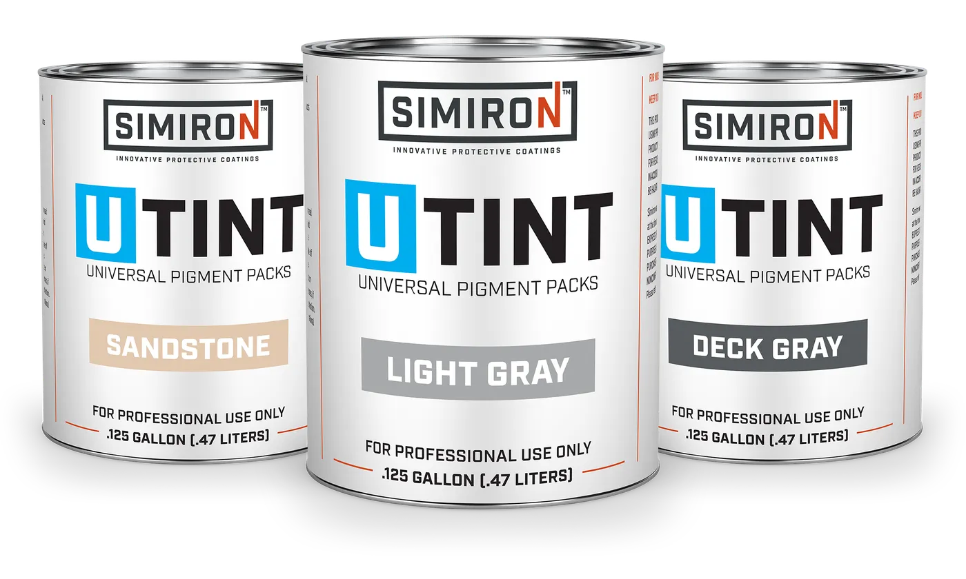 Simiron U-Tint universal pigment pack cans in Sandstone, Light Gray and Deck Gray