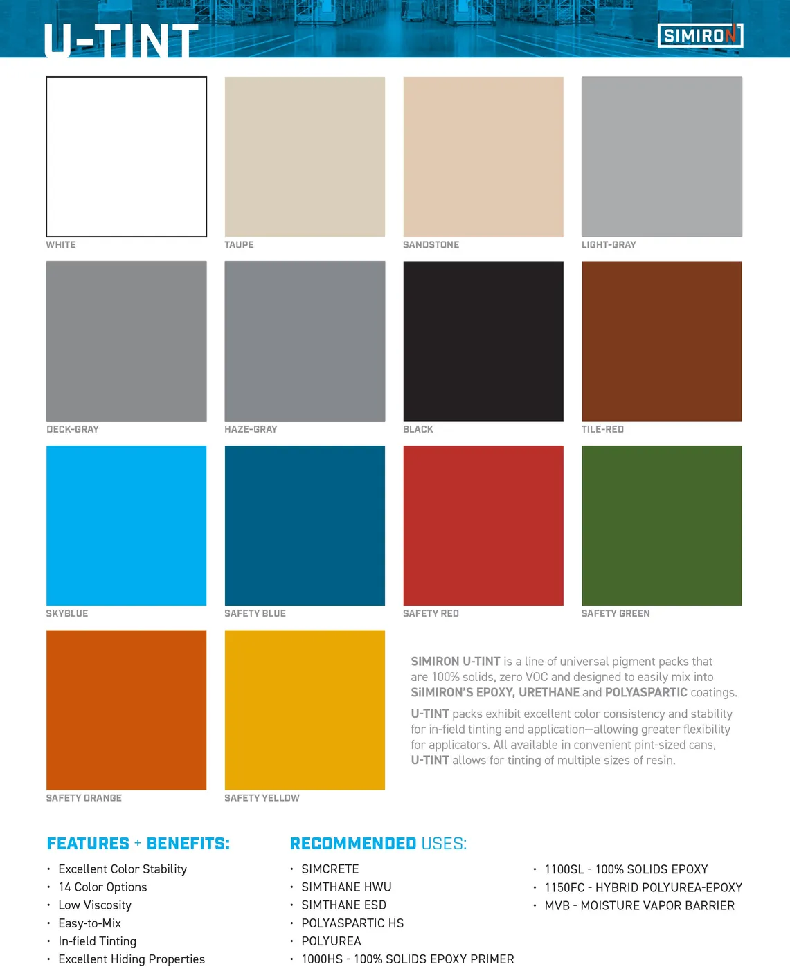 Simiron U-Tint color chart showing all 14 available pigment colors