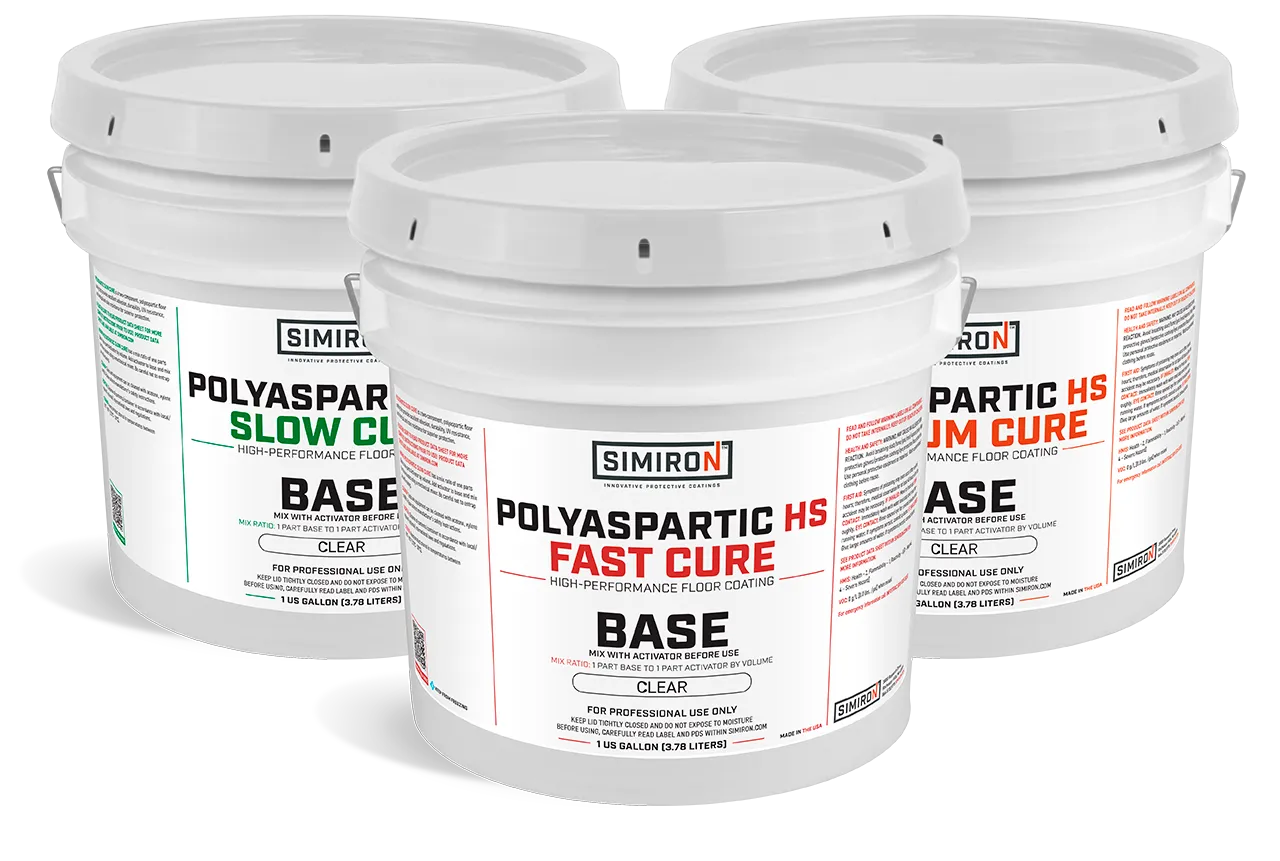 Simiron Polyaspartic HS base coat buckets, fast, medium and slow cure