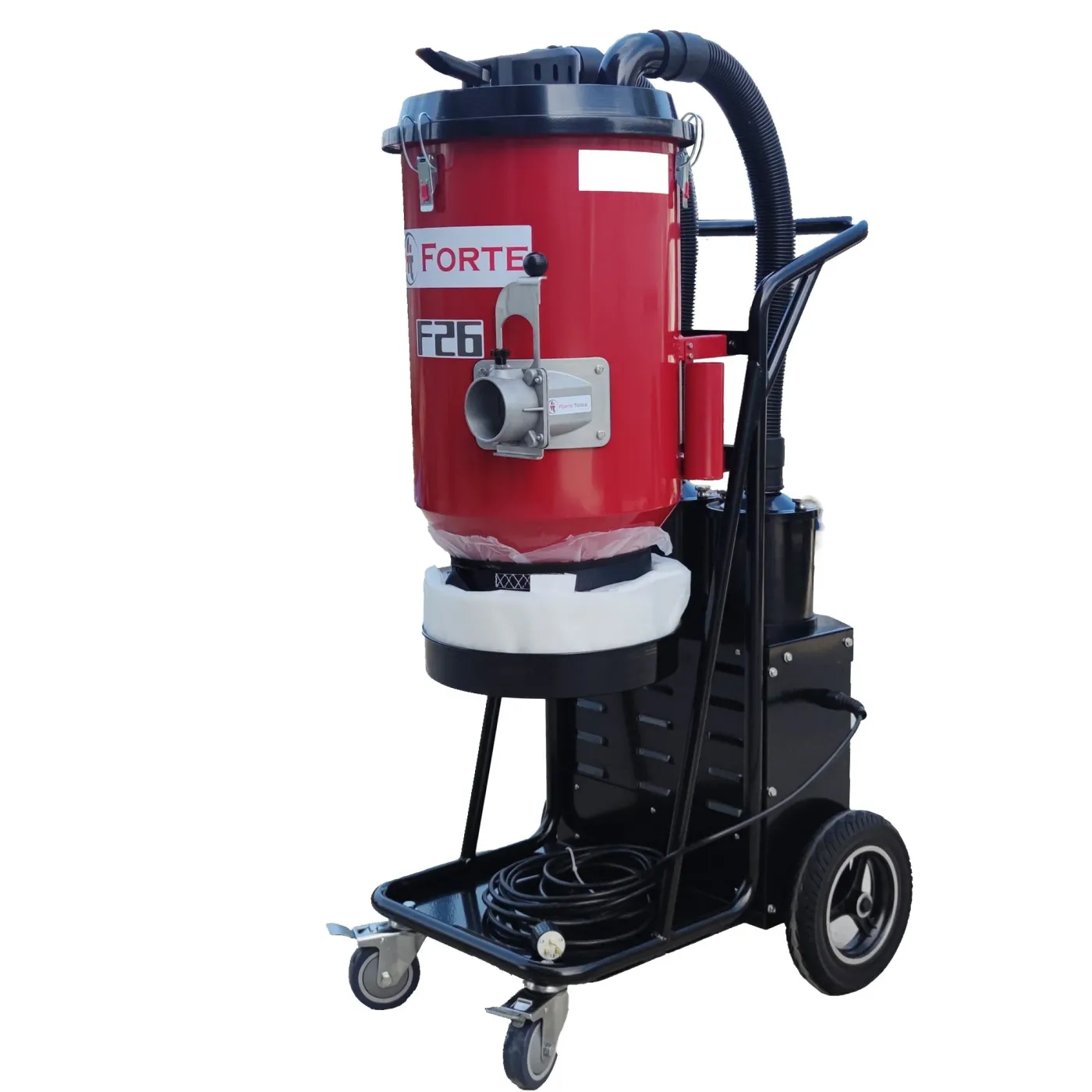 Forte F26 HEPA dust extractor with red canister on a wheeled cart