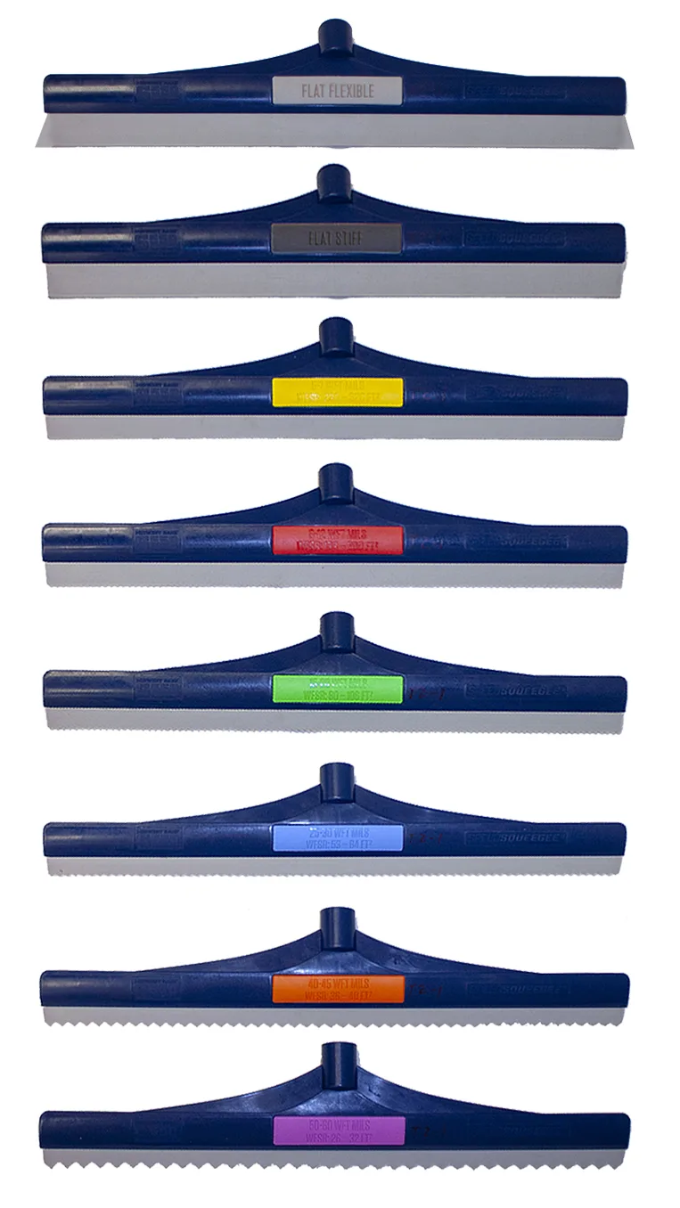 Midwest Rake SpeedSqueegee range, color coded by wet-film thickness