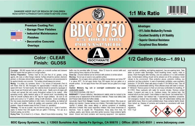 BDC 9750 4-5 hour dry polyaspartic label, clear gloss