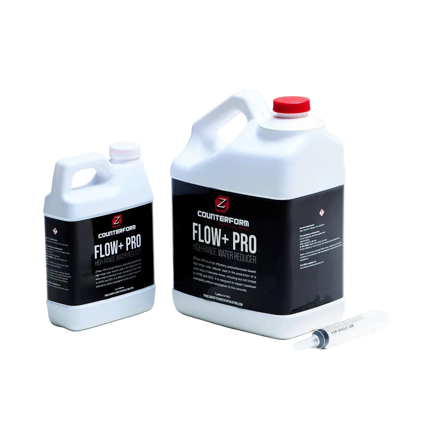 Z Counterform Flow+ Pro high range water reducer, quart and gallon jugs with measuring syringe