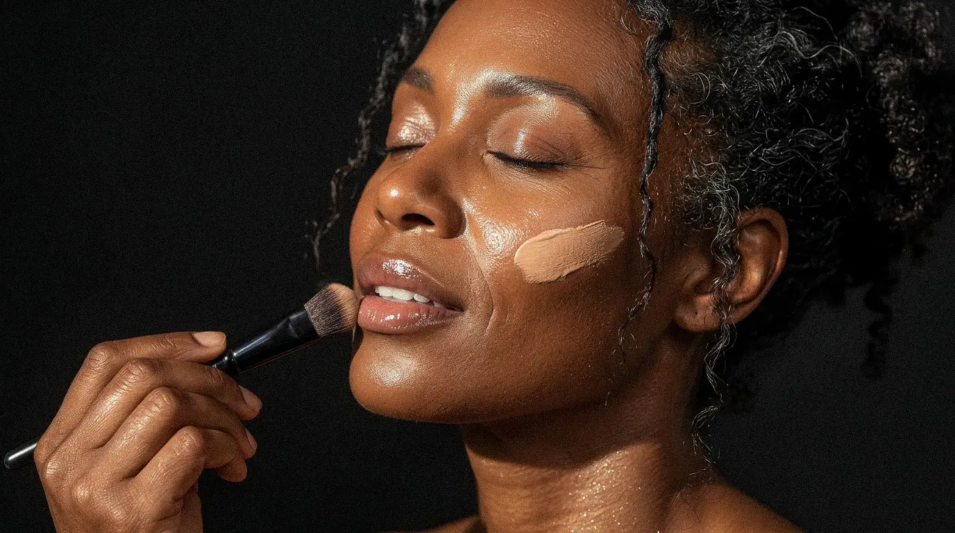 A radiant Black woman with glowing skin applying Kalay Beauty foundation using a makeup brush. She has a fresh foundation swatch on her cheek and glossy lips, set against a dramatic black background.