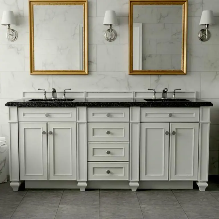 Solid hardwood double-basin vanity, 72 inch, painted linen finish, installed in marble bathroom