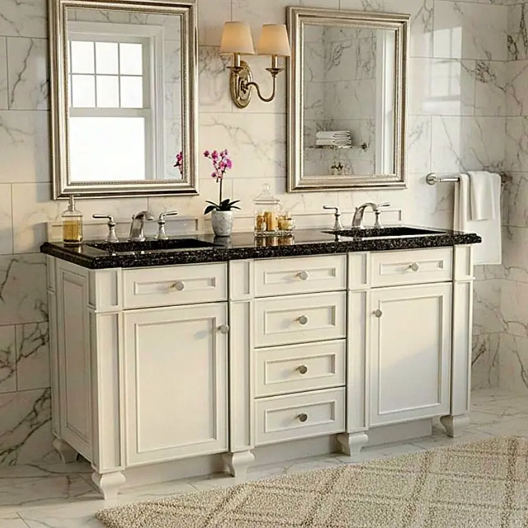 Solid hardwood double-basin vanity, 60 inch, painted linen finish, installed in marble bathroom