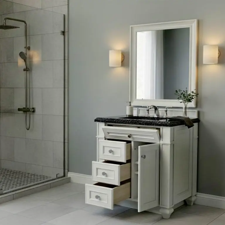 Solid hardwood single-basin vanity, 30 inch, drawers open showing dovetail construction detail