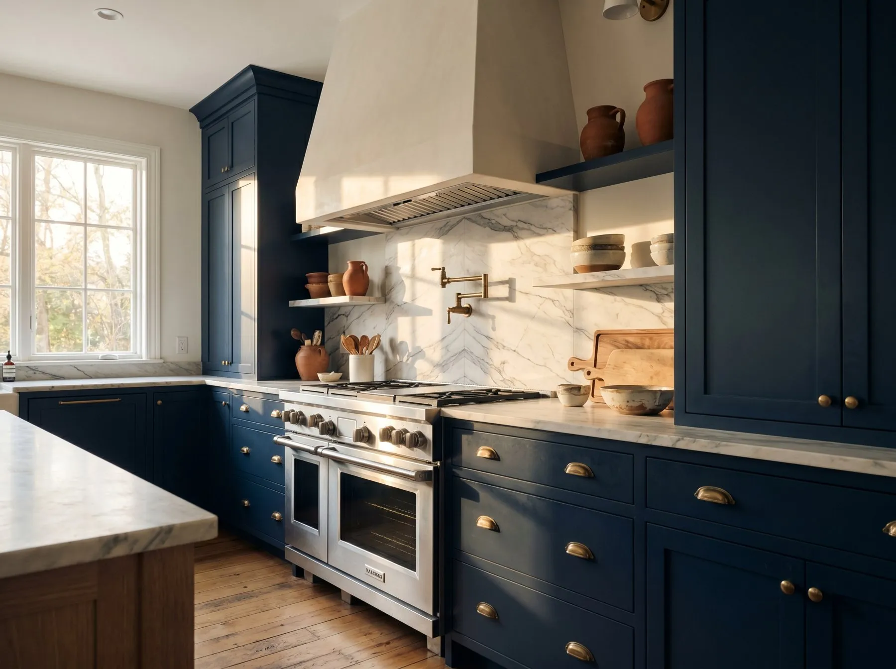 Navy cabinets with brass cup pulls and knobs around a steel range, plaster hood and marble backsplash