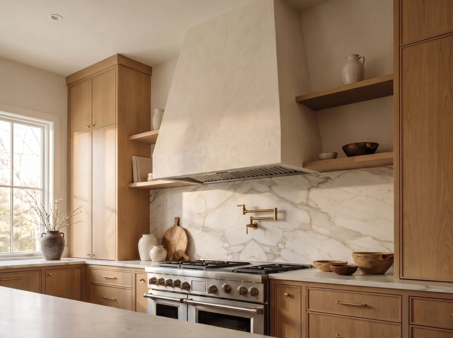 Natural oak cabinets beside a plaster range hood and a marble slab backsplash