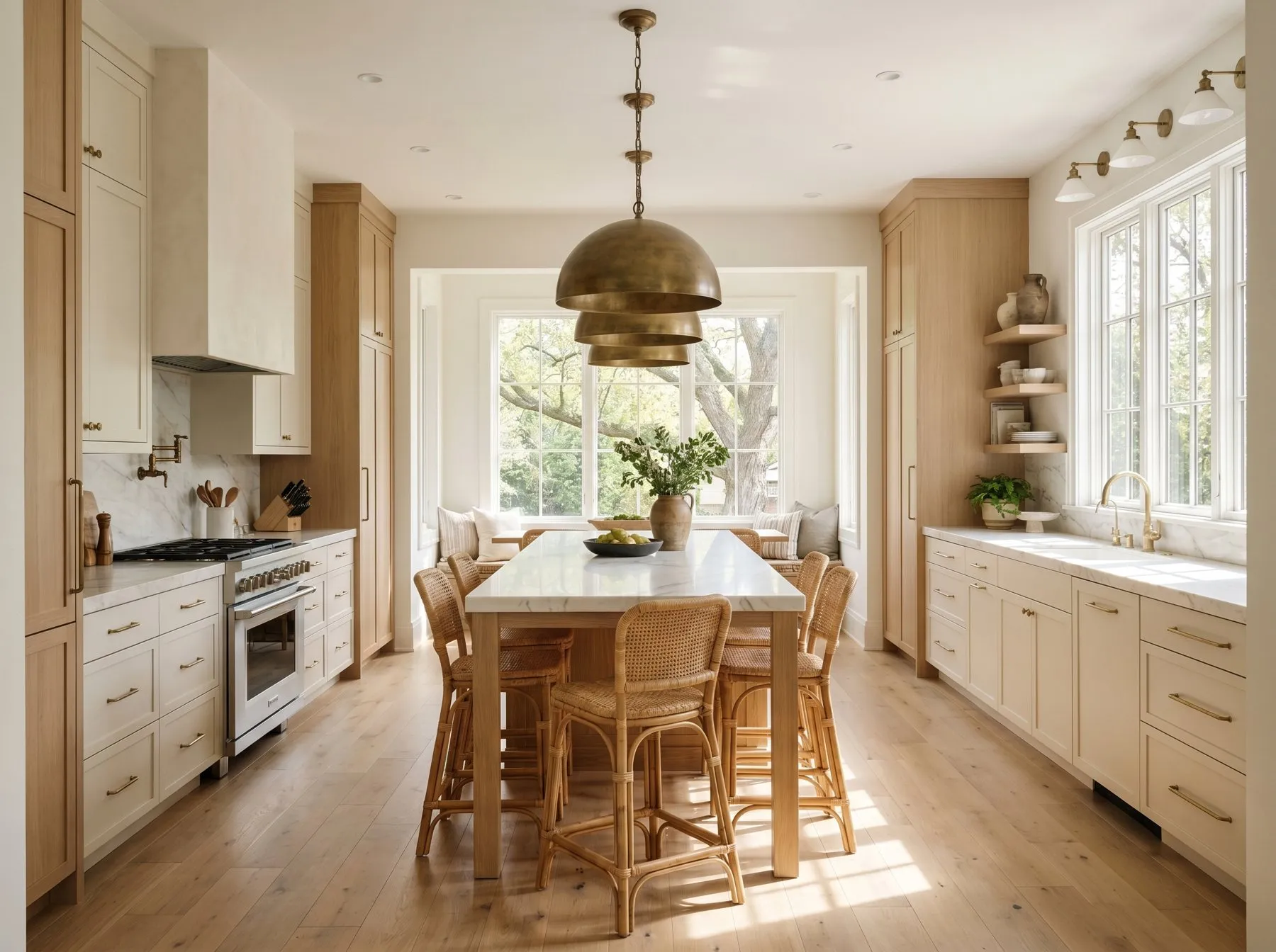 Long kitchen with cream shaker cabinets, tall oak pantry cabinets and a marble-topped island