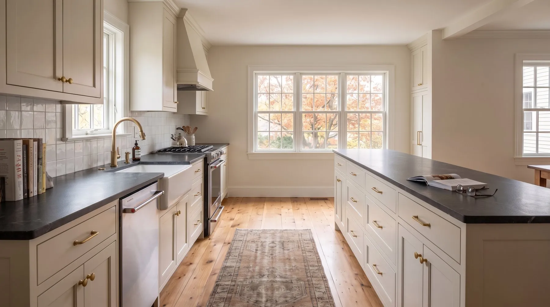 Kitchen with off-white painted shaker cabinets, brass hardware and dark honed counters