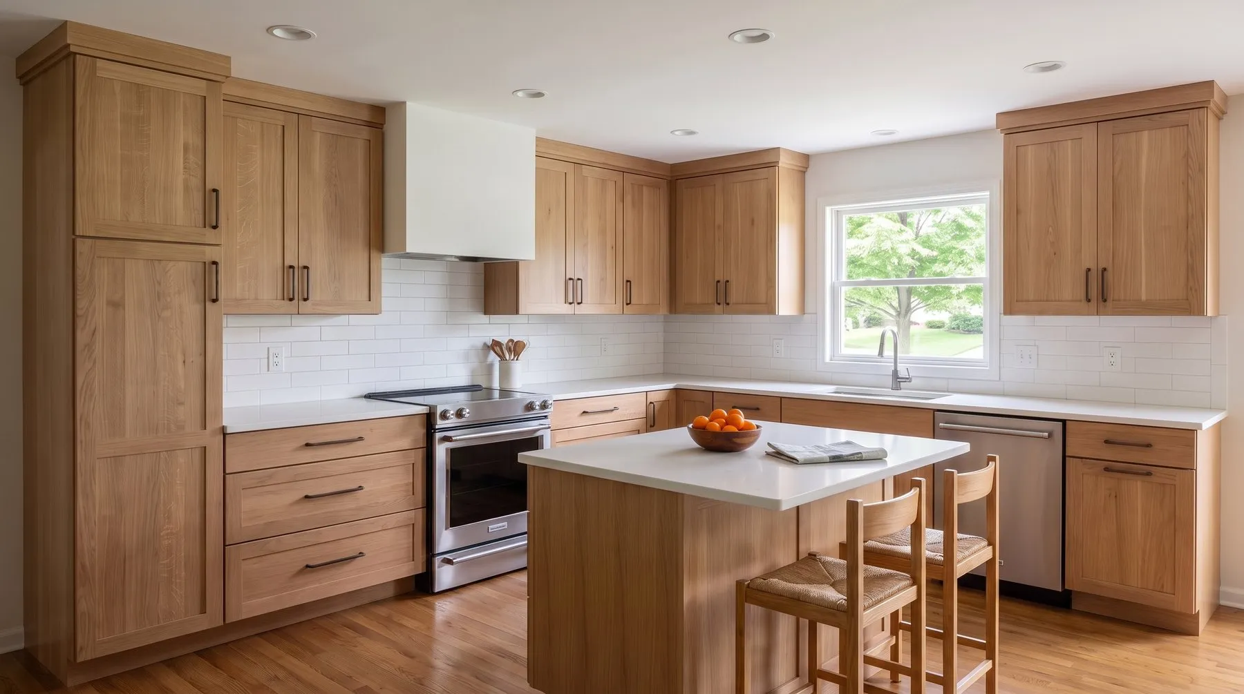 Kitchen with natural white oak shaker cabinets, a small island with two stools and white counters