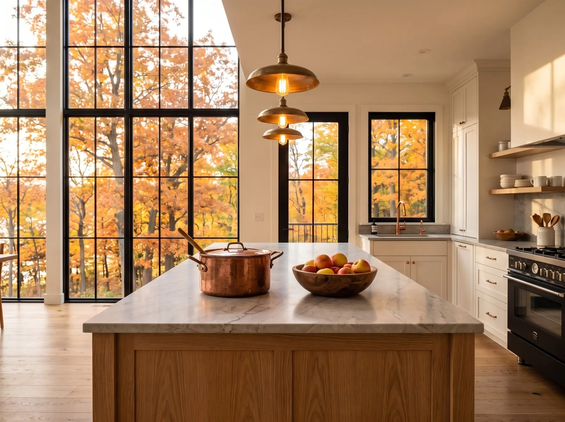 Oak kitchen island with a stone countertop in front of tall windows and white perimeter cabinets