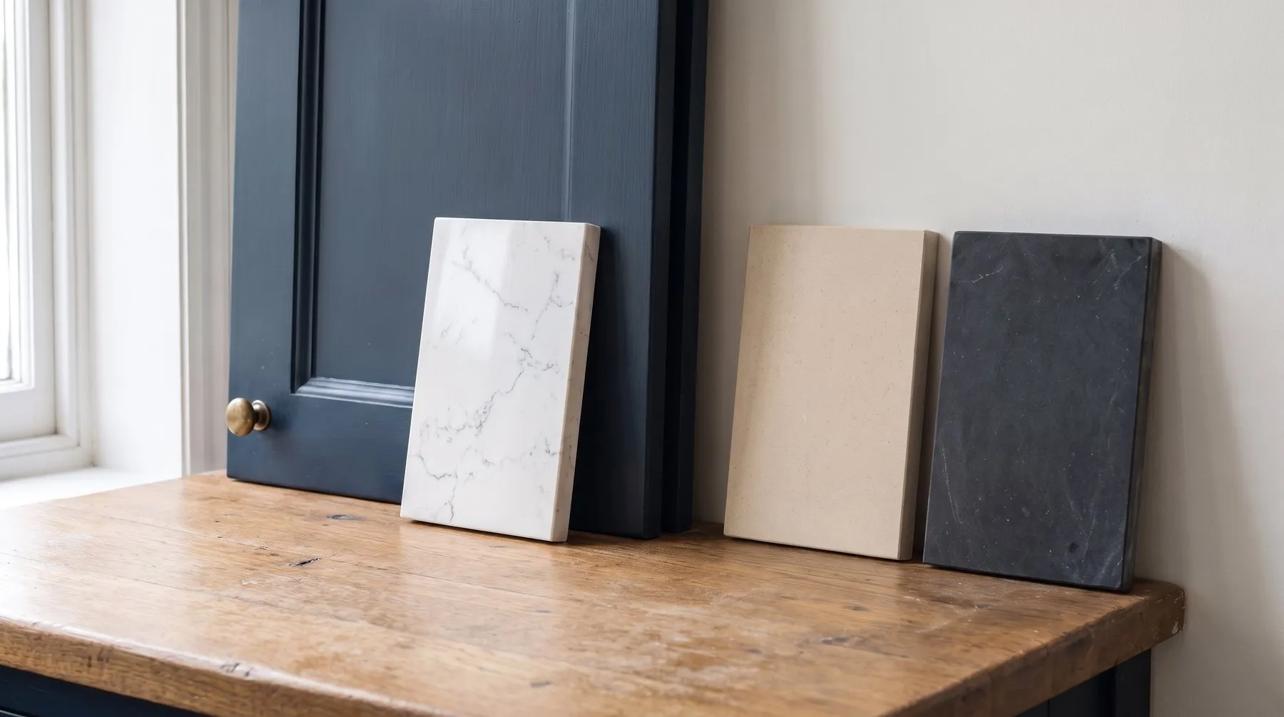 Three countertop samples in veined white, warm cream and charcoal leaning beside a navy cabinet door