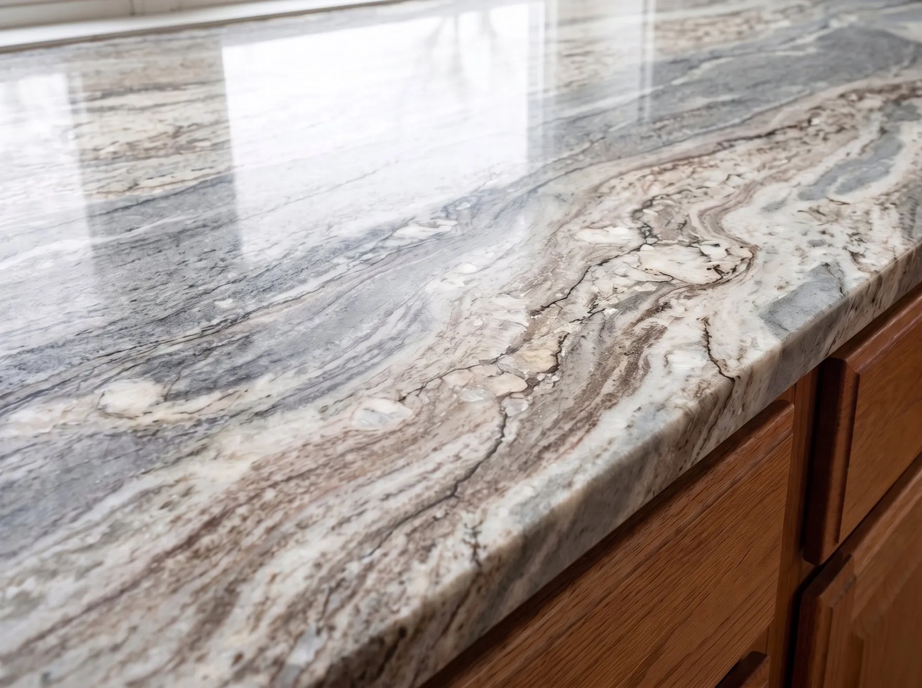 Polished natural stone countertop in gray, white and brown with irregular veining, on oak cabinets
