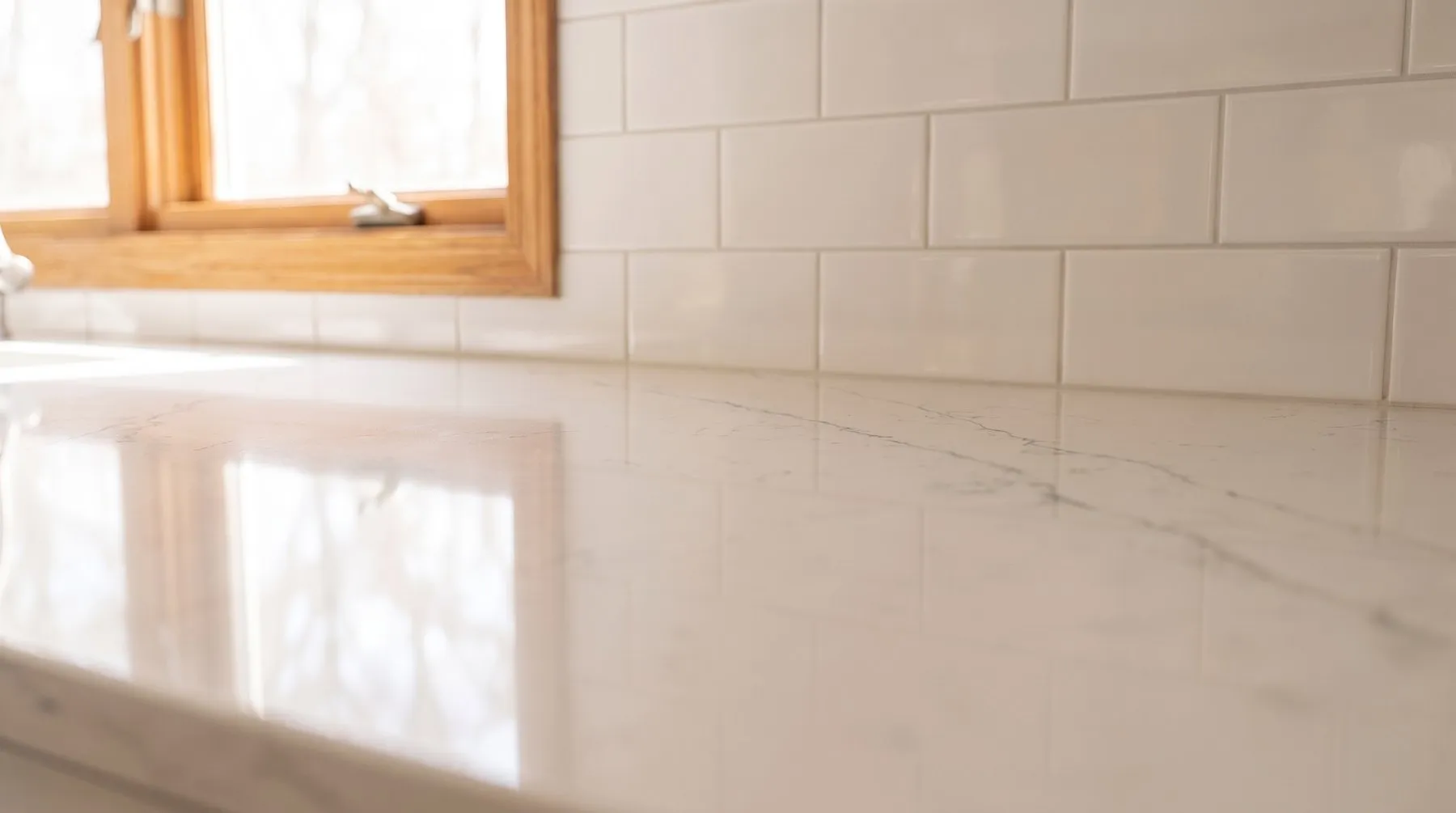 Polished white countertop with a glossy surface reflecting the window