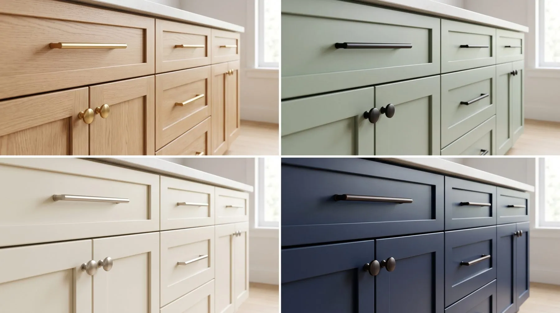 Four shaker drawer fronts in oak, sage, cream and navy, each with a different pull and knob finish