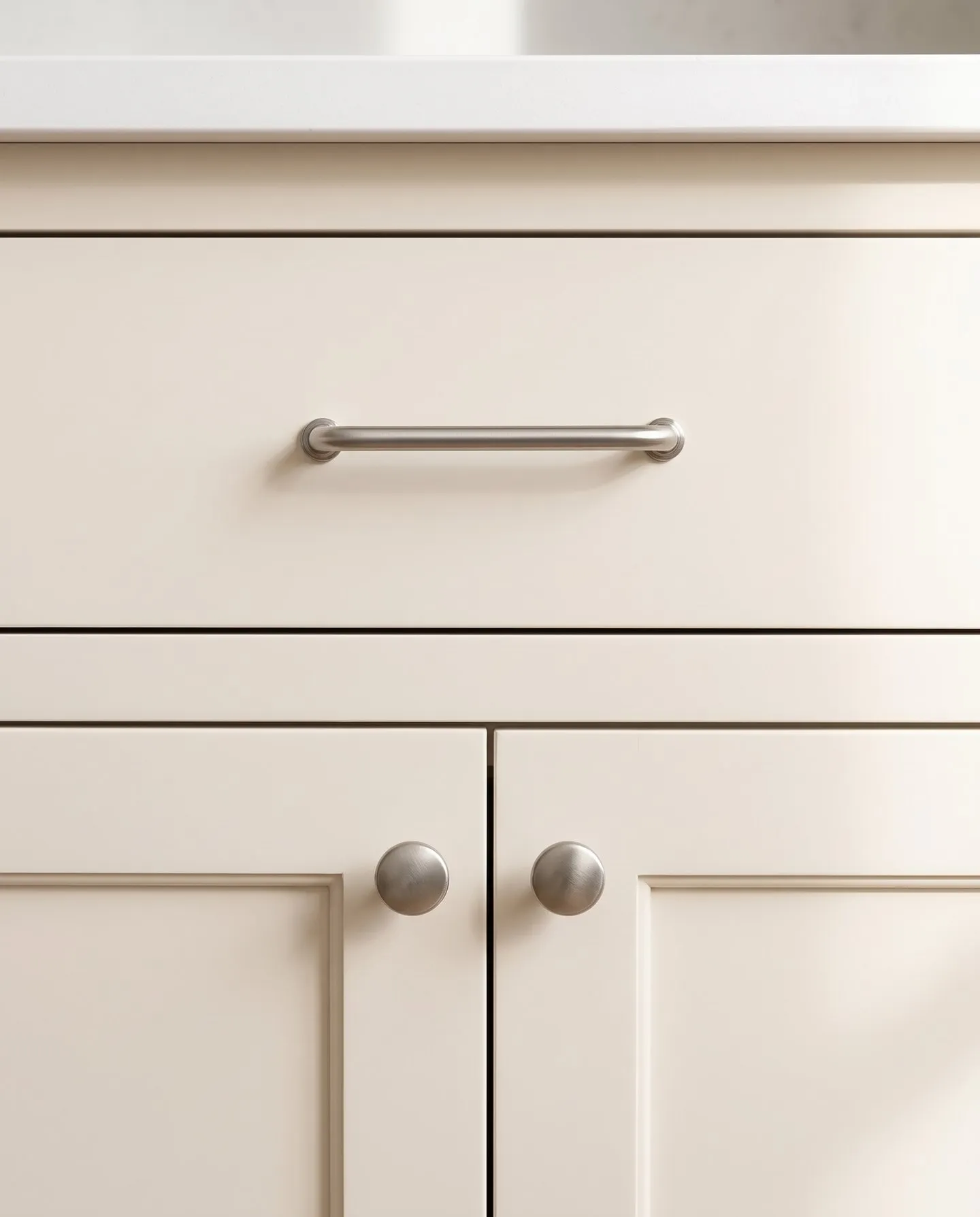 Brushed nickel bar pull and knobs on cream painted cabinet fronts