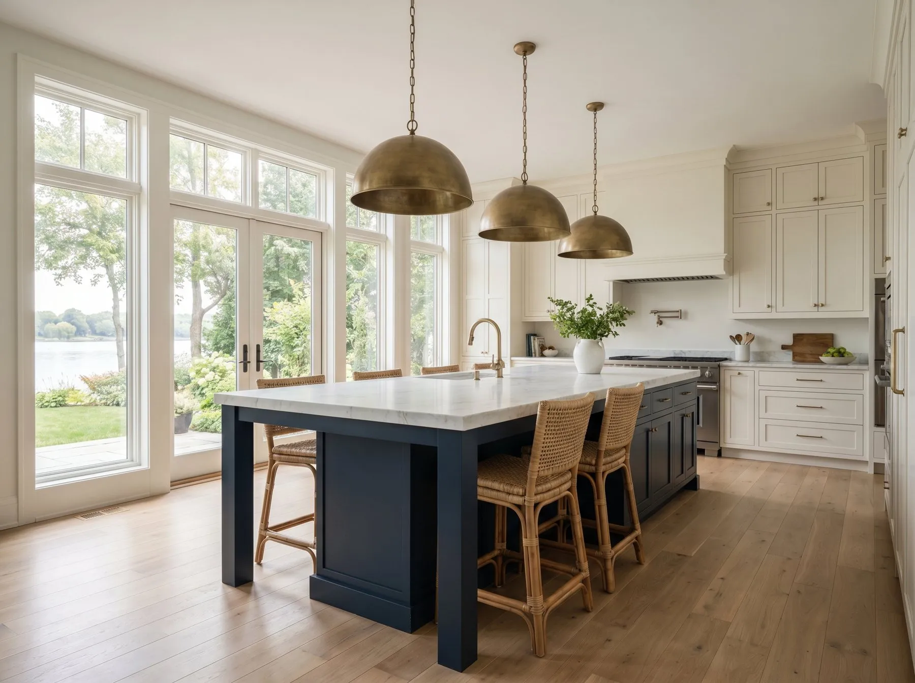 White kitchen with a navy island and brass pendants