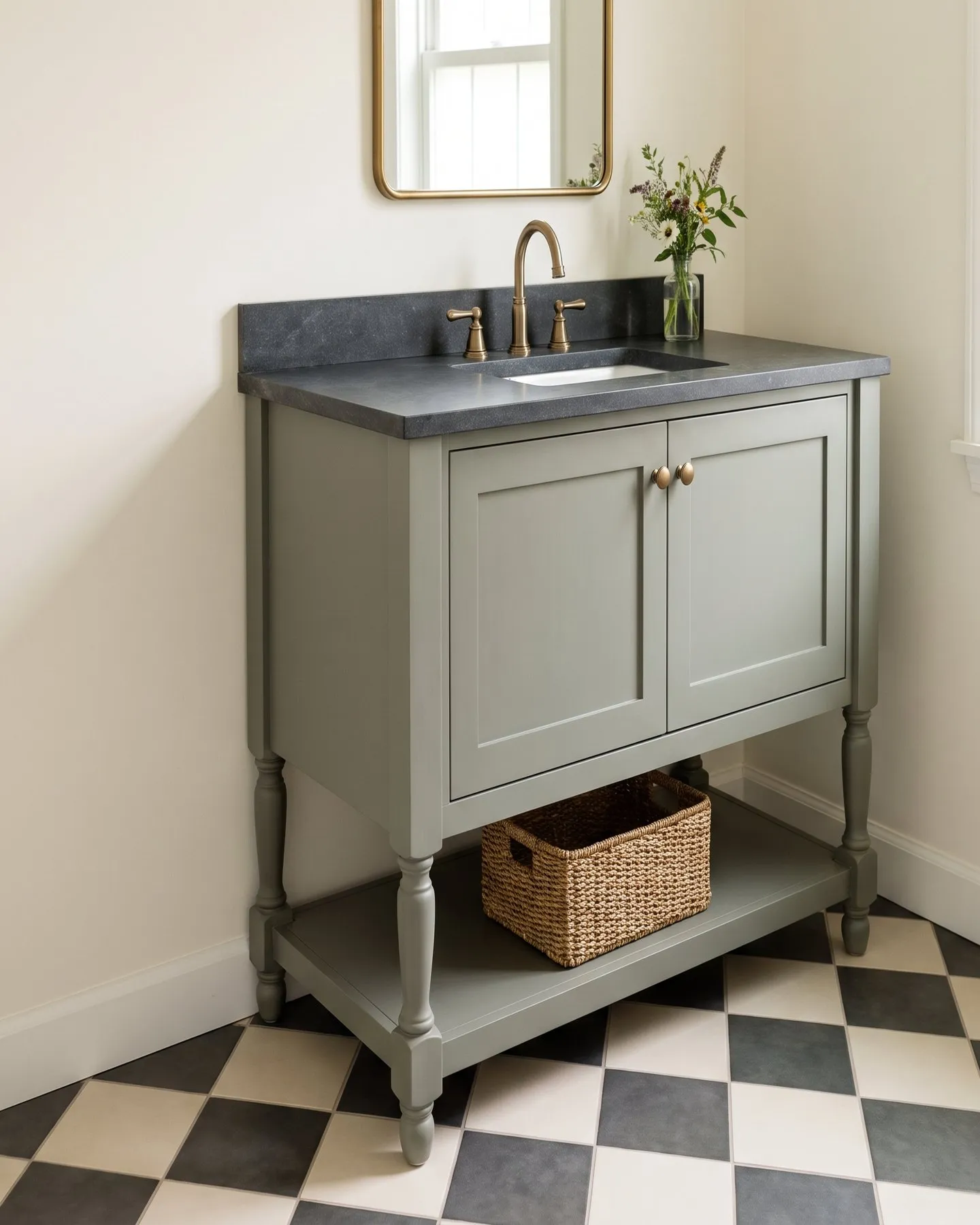 Green-gray furniture-style vanity on turned legs with a dark stone top and a brass faucet