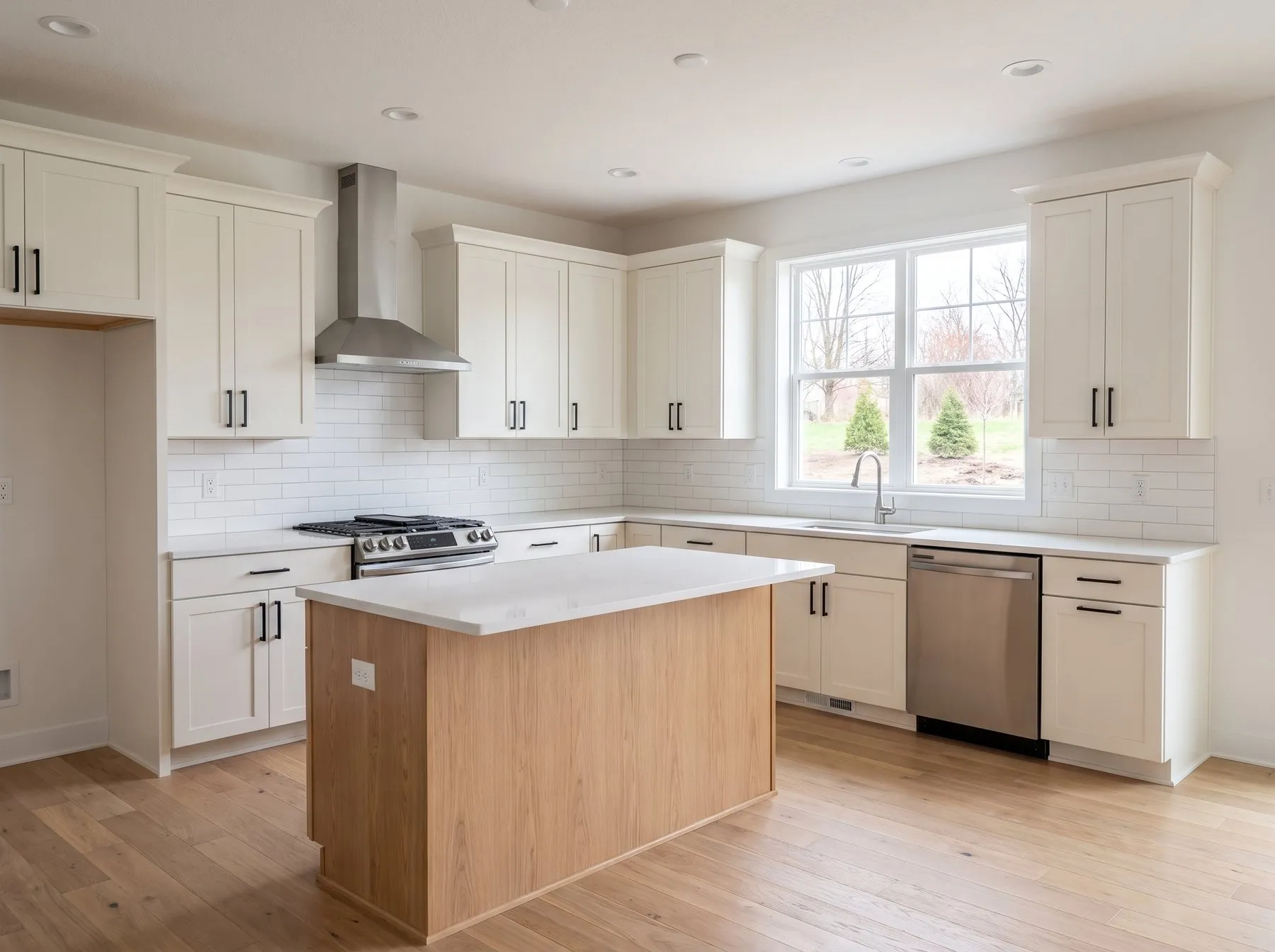 Finished kitchen in a newly built home, white shaker cabinets with black pulls and a natural oak island